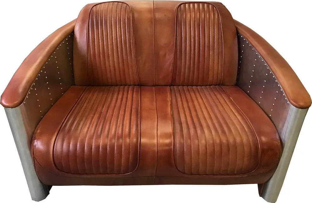 Zertifiziert Casa Padrino canapé en cuir Art Déco de luxe 122 x 70 x H. 82 cm - Différents Coloris - Canapé de salon en aluminium avec cuir véritable - Meuble Canapé Aviateur Avion en Aluminium