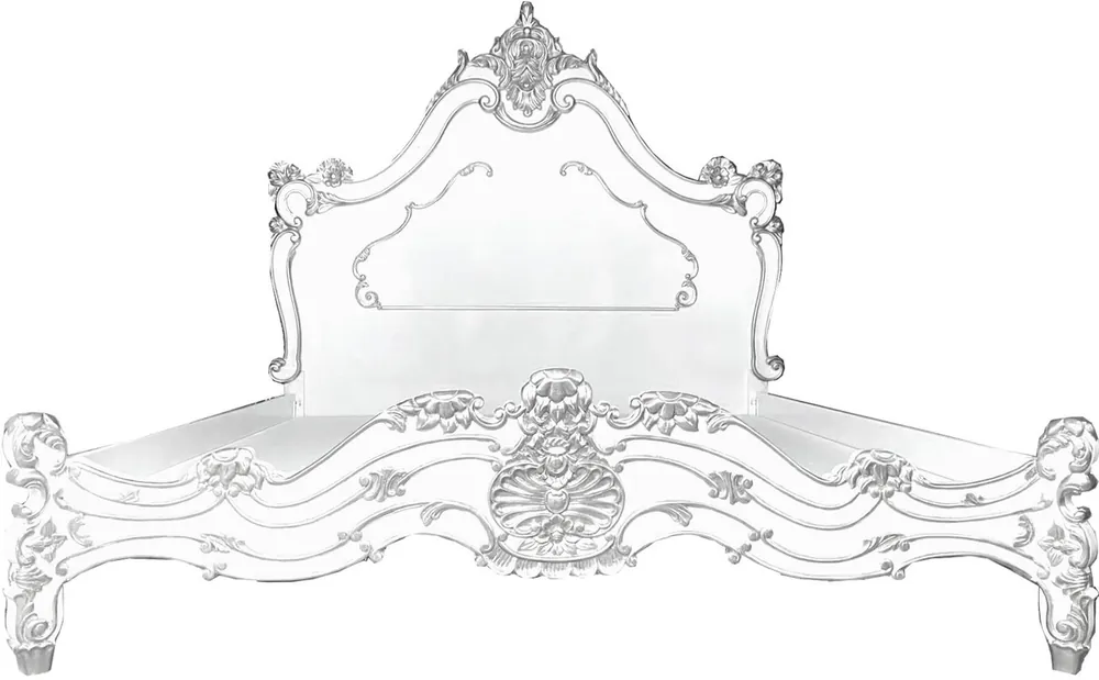 Casa Padrino lit double baroque de luxe blanc / argent - Lit en bois massif noble avec tête de lit - Magnifique mobilier de chambre de style baroque Highlight