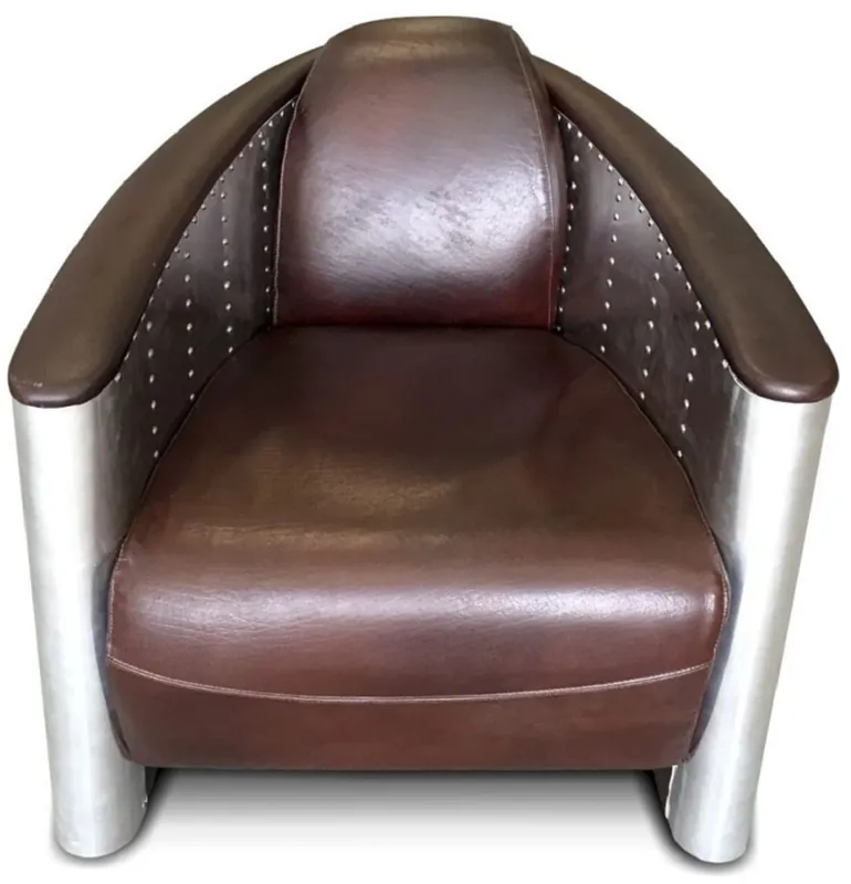 Casa Padrino fauteuil en cuir Art Déco de luxe 80 x 95 x H. 90 cm - Différents Coloris - Fauteuil de salon en aluminium avec cuir véritable - Mobilier Fauteuil Aviateur Avion en Aluminium Direktkauf