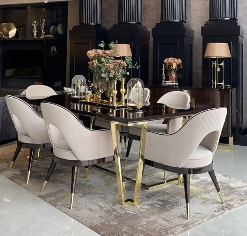 Casa Padrino Ensemble de 8 Chaises de Salle à Manger Art Déco de Luxe Beige / Marron Foncé / Or 58 x 65 x H. 90 cm - Mobilier de Salle à Manger & Restaurant Art Déco - Qualité de Luxe Nur Für Kurze Zeit