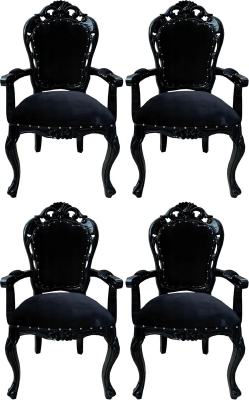 Casa Padrino ensemble de 4 chaises de salle à manger baroques noir - Chaises de style ancien fabriquées à la main avec accoudoirs - Mobilier de salle à manger baroque Bestpreis