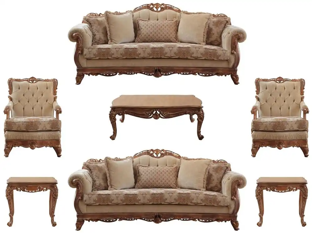 Online Kaufen Casa Padrino ensemble de salon baroque de luxe beige / marron - 2 Canapés & 2 Fauteuils & 1 Table Basse & 2 Tables d'Appoint - Mobilier de salon baroque fait main - Noble & Magnifique