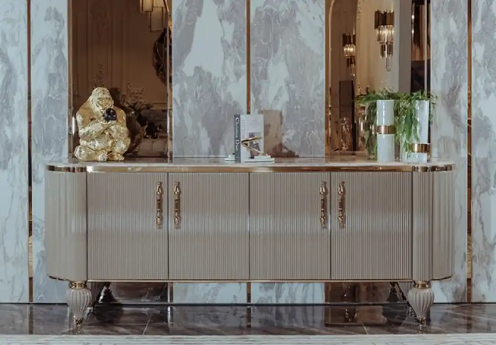Top-Preis Casa Padrino buffet Art Déco de luxe gris / blanc / or 235 x 54 x H. 90 cm - Armoire en bois massif noble avec 4 portes et plateau en marbre artificiel - Meuble Art Déco - Qualité de Luxe