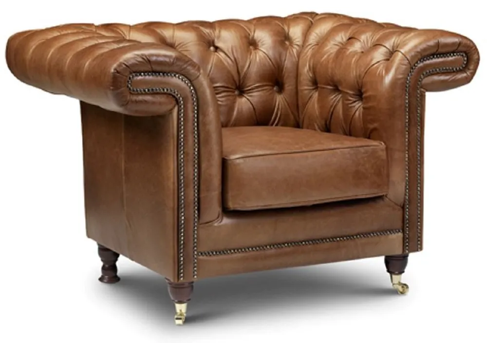Garantierte Lieferung Casa Padrino fauteuil Chesterfield de luxe en cuir marron / marron foncé / or 127 x 95 x H. 85 cm - Fauteuil de salon en cuir véritable - Mobilier de Salon Chesterfield