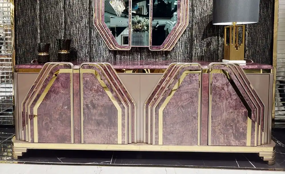 Casa Padrino buffet Art Déco de luxe violet / gris / or - Magnifique armoire en bois massif avec 4 portes et aspect marbre - Mobilier de Salon & Hôtel Art Déco de Luxe Mega-Angebot