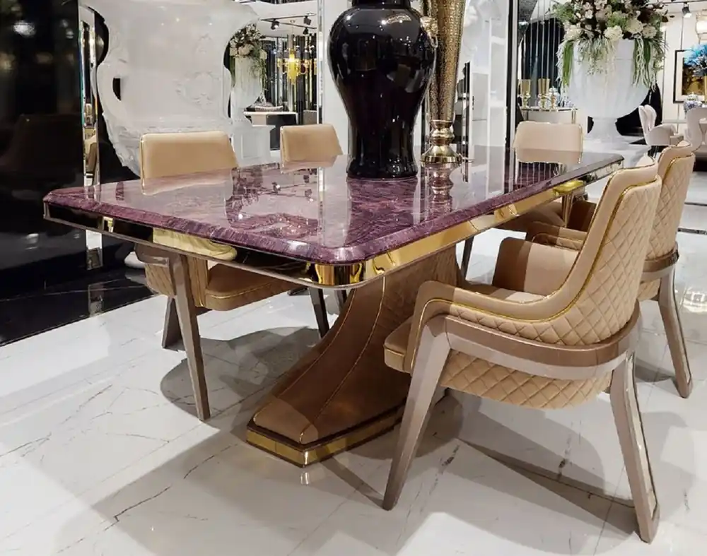 Casa Padrino table de salle à manger Art Déco de luxe violet / beige / or - Table de cuisine en bois massif fait main avec plateau aspect marbre - Mobilier de Salle à Manger Art Déco Geprüft