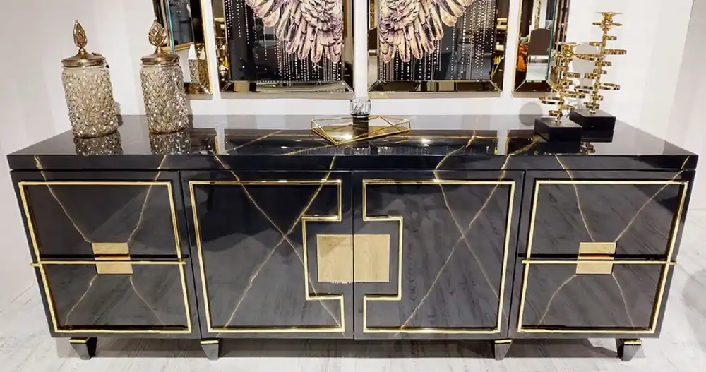 Nur Für Kurze Zeit Casa Padrino buffet Art Déco de luxe noir / or - Armoire en bois massif noble avec 4 portes - Mobilier de Salon & Hôtel Art Déco de Luxe