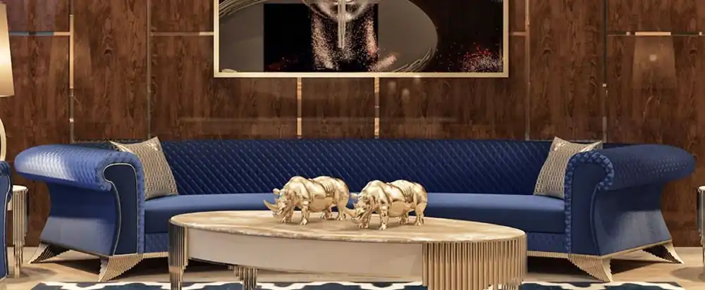 Wochenendangebot Casa Padrino Canapé Art Déco de Luxe Bleu / Or - Canapé de Salon Incurvé - Canapé d'Hôtel - Mobilier de Salon et d'Hôtel Art déco de Luxe