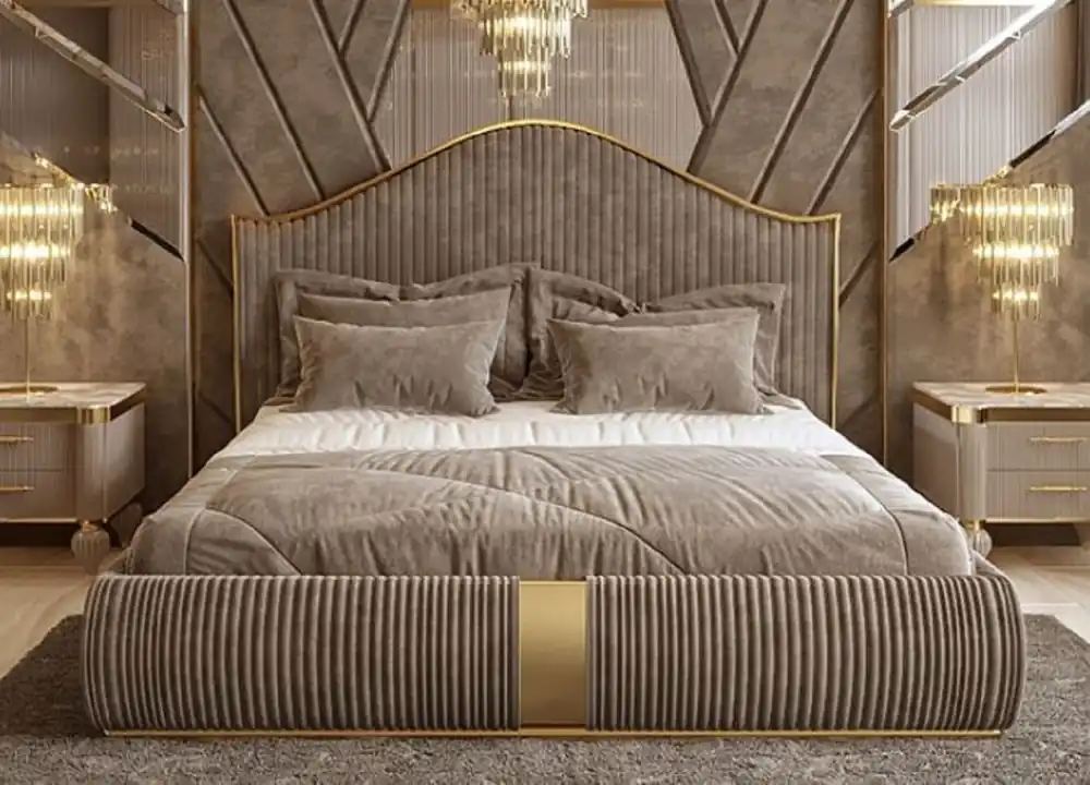 Casa Padrino lit double Art Déco de luxe gris / or - Lit en bois massif noble avec tête de lit - Mobilier de Chambre et d'Hôtel Art Déco - Collection de Luxe Neu Im Sortiment