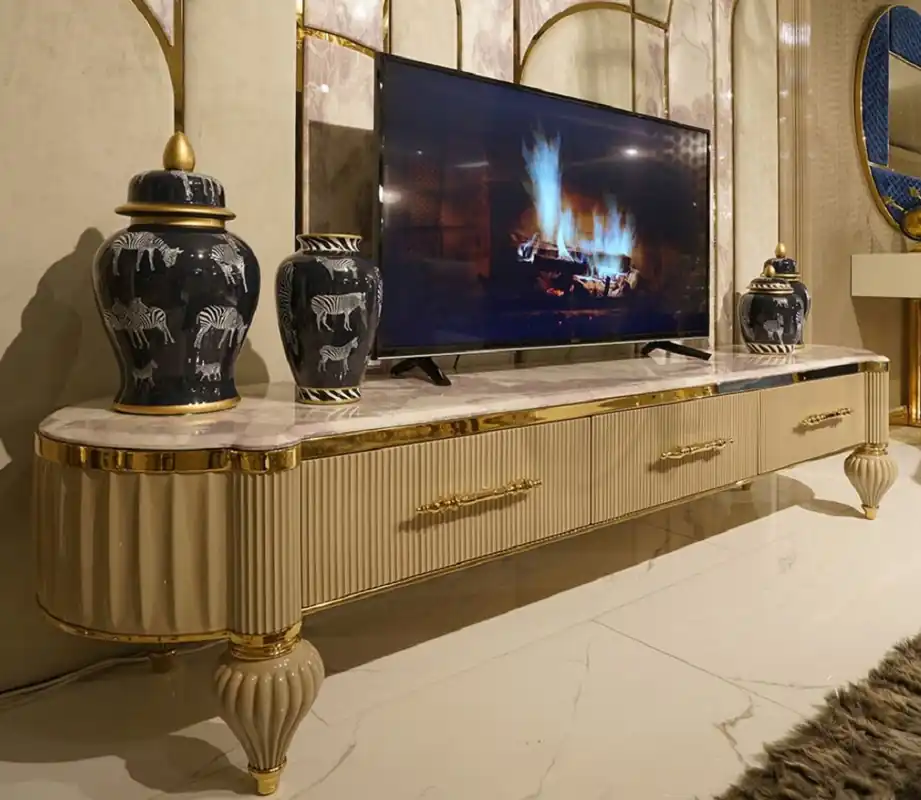 Preiswert Casa Padrino armoire TV Art Déco de luxe blanc / gris / or - Buffet fait main en bois massif avec 3 tiroirs - Mobilier de Salon et d'Hôtel Art Déco de Luxe