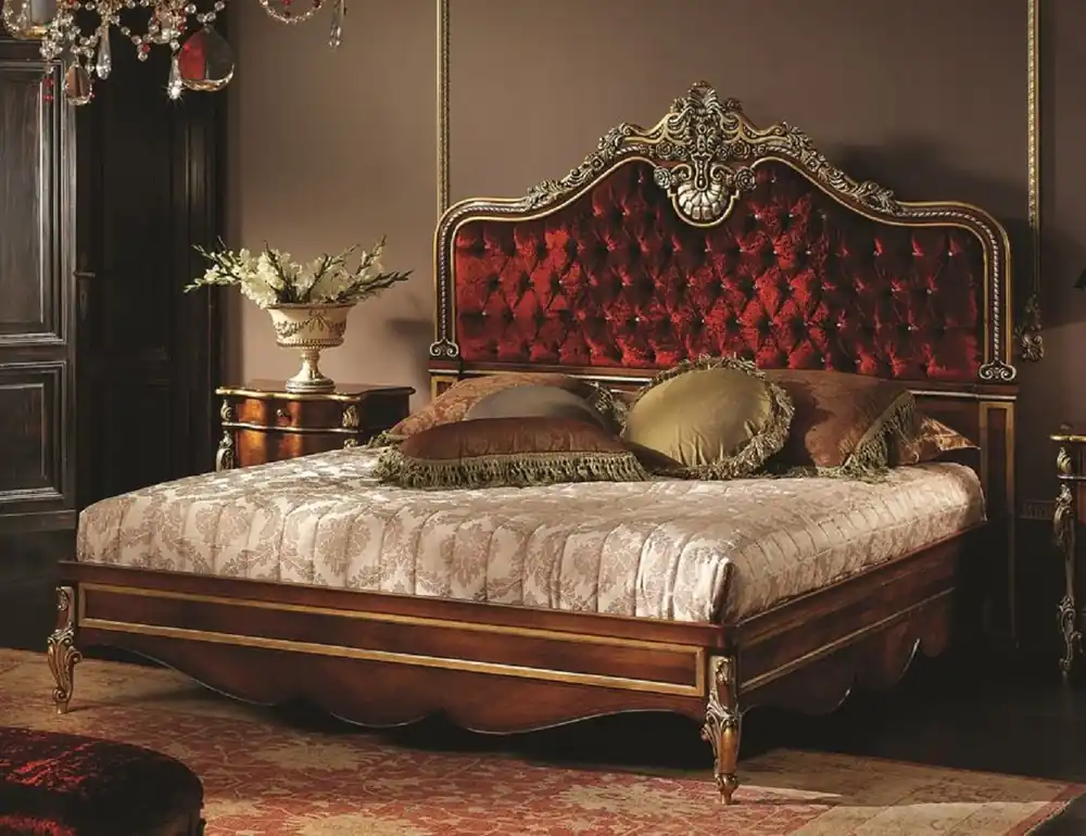 Bestpreis Casa Padrino lit double baroque de luxe bordeaux rouge / marron / or / argent - Magnifique lit en bois massif avec verre cristal Swarovski - Mobilier de chambre baroque - Fabriqué en Italie