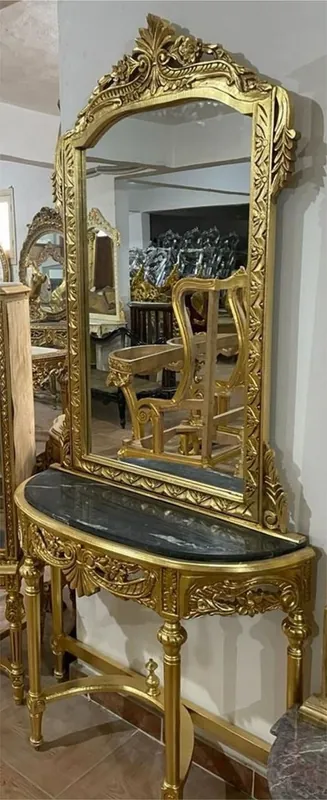 Casa Padrino console miroir baroque avec dessus en marbre or / noir - Console baroque fait main avec miroir - Magnifique meuble baroque Direktkauf