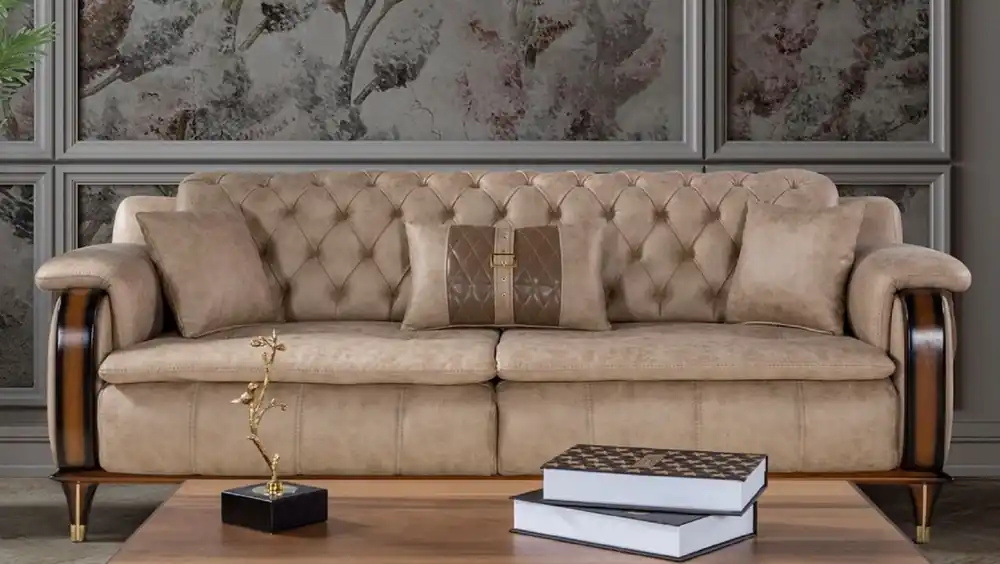 Casa Padrino canapé-lit Chesterfield de luxe beige / marron / noir / or 222 x 98 x H. 80 cm - Canapé de salon moderne - Mobilier de salon de luxe Highlight