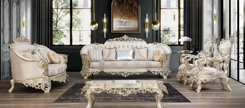 Billig Casa Padrino ensemble de salon baroque de luxe crème / beige / or antique - 2 Canapés & 2 Fauteuils & 1 Table Basse - Mobilier de salon baroque fait main - Noble & Magnifique