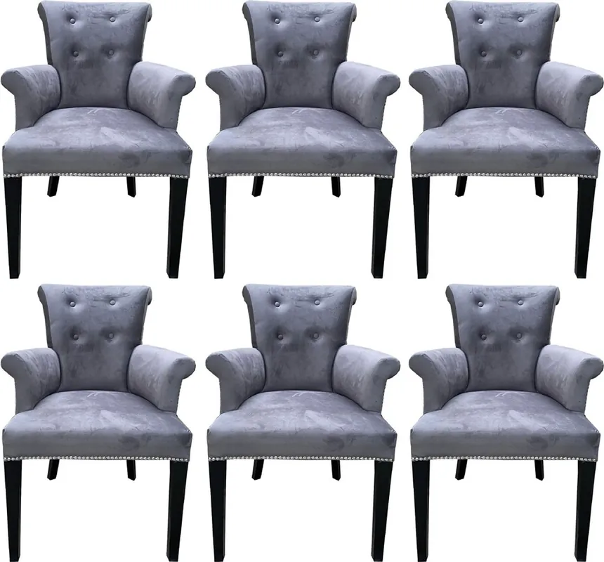 Casa Padrino ensemble de 6 chaises de salle à manger de luxe gris / noir - Chaises de cuisine en bois massif avec accoudoirs et tissu en velours fin - Mobilier de Salle à Manger et Restaurant Billig