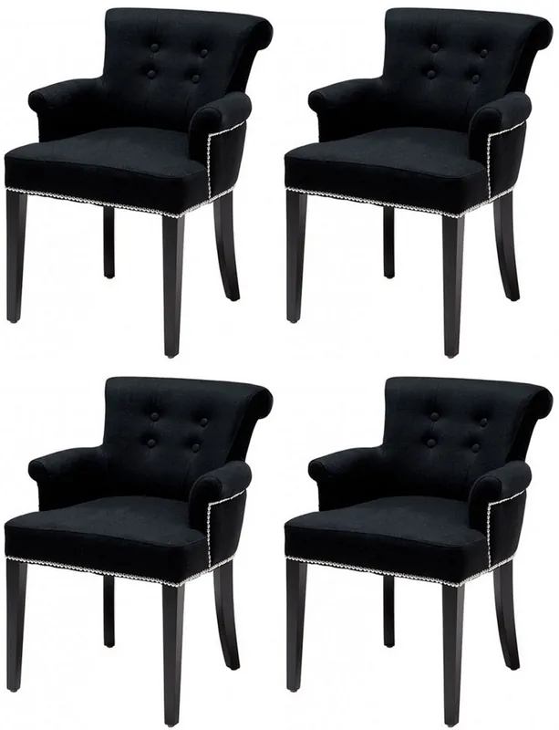 Casa Padrino ensemble de 4 chaises de salle à manger de luxe noir - Chaises de cuisine en bois massif avec accoudoirs et tissu en velours fin - Mobilier de Salle à Manger et Restaurant Sale