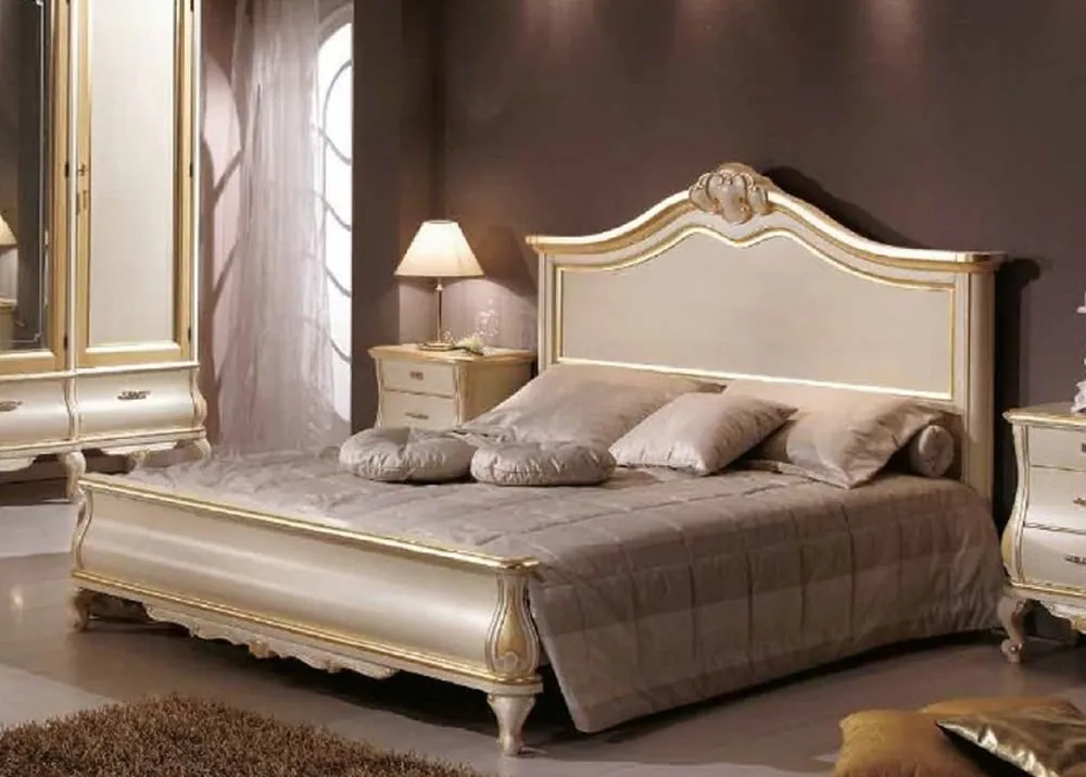 Nur Heute Casa Padrino lit double baroque de luxe crème / or - Magnifique lit en bois massif de style baroque - Mobilier de Chambre et d'Hôtel Baroque - Qualité de luxe - Fabriqué en Italie