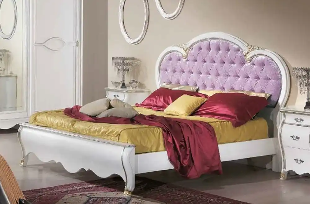 Nur Heute Casa Padrino lit double baroque de luxe violet / blanc / or - Magnifique lit en bois massif de style baroque - Mobilier de Chambre et d'Hôtel Baroque - Qualité de luxe - Fabriqué en Italie