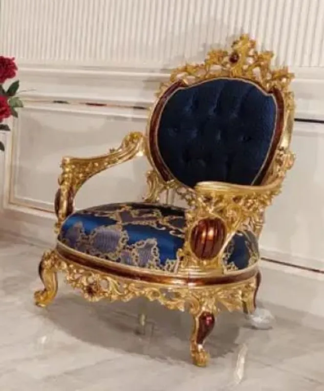 Heißes Angebot Casa Padrino fauteuil baroque de luxe bleu / or / marron - Magnifique fauteuil de salon avec motif élégant - Mobilier de salon baroque