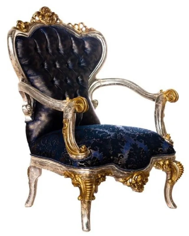 Ausverkauf Casa Padrino fauteuil de salon baroque de luxe bleu royal / noir / argent / or - Magnifique fauteuil avec motif élégant - Meuble de salon baroque fait main