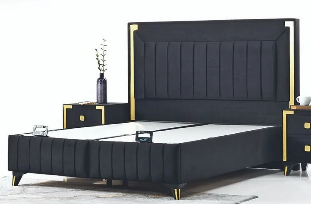 Echt Casa Padrino lit double de luxe noir / or jaune - Lit moderne en bois massif - Mobilier de Chambre et d'Hôtel Moderne - Collection de Luxe