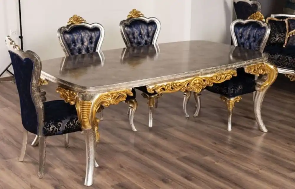 Online Kaufen Casa Padrino table à manger baroque de luxe argent / or - Table de salle à manger en bois massif fait main de style baroque - Magnifique meuble de salle à manger baroque