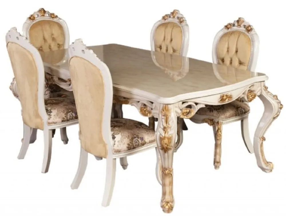 Casa Padrino table à manger baroque de luxe blanc / or - Table de salle à manger en bois massif fait main de style baroque - Magnifique meuble de salle à manger baroque Highlight