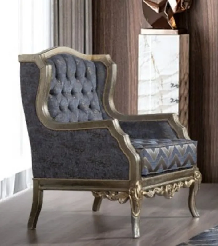 Solange Der Vorrat Reicht Casa Padrino fauteuil à oreilles baroque de luxe bleu / argent / or - Fauteuil de salon fait main de style baroque - Meuble de salon baroque - Mobilier Baroque