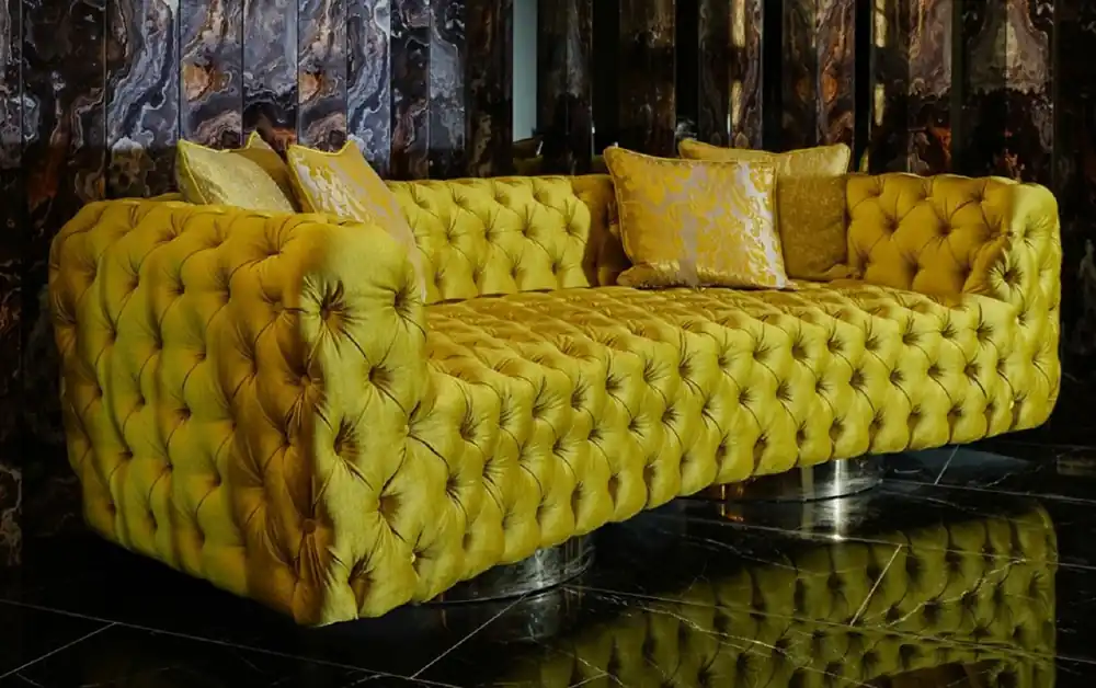 Casa Padrino canapé Chesterfield de luxe jaune / argent 270 x 98 x H. 78 cm - Canapé de salon moderne - Mobilier de Salon Chesterfield - Collection de Luxe Saisonangebot