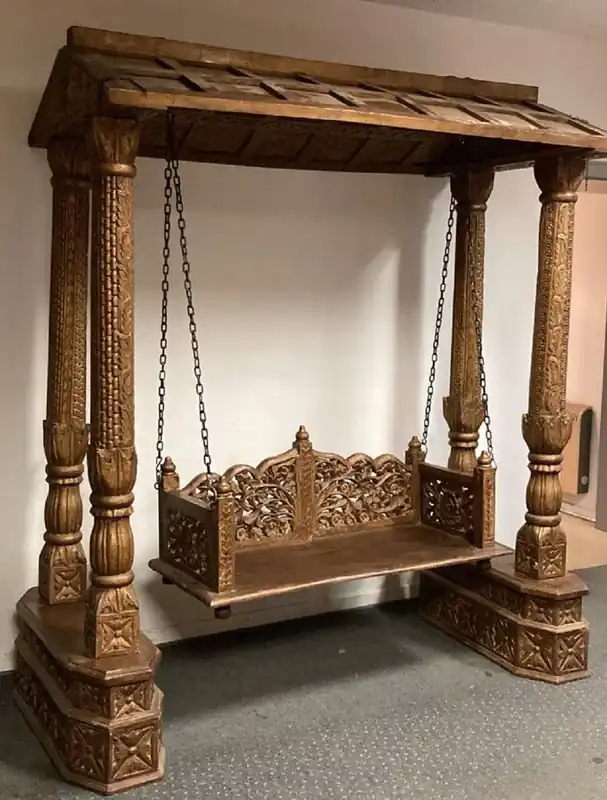 Rabatt Casa Padrino balançoire de jardin Art Nouveau marron - Balançoire antique en bois massif sculpté à la main avec toit - Mobilier de Jardin et de Terrasse Baroque et Art Nouveau Antique