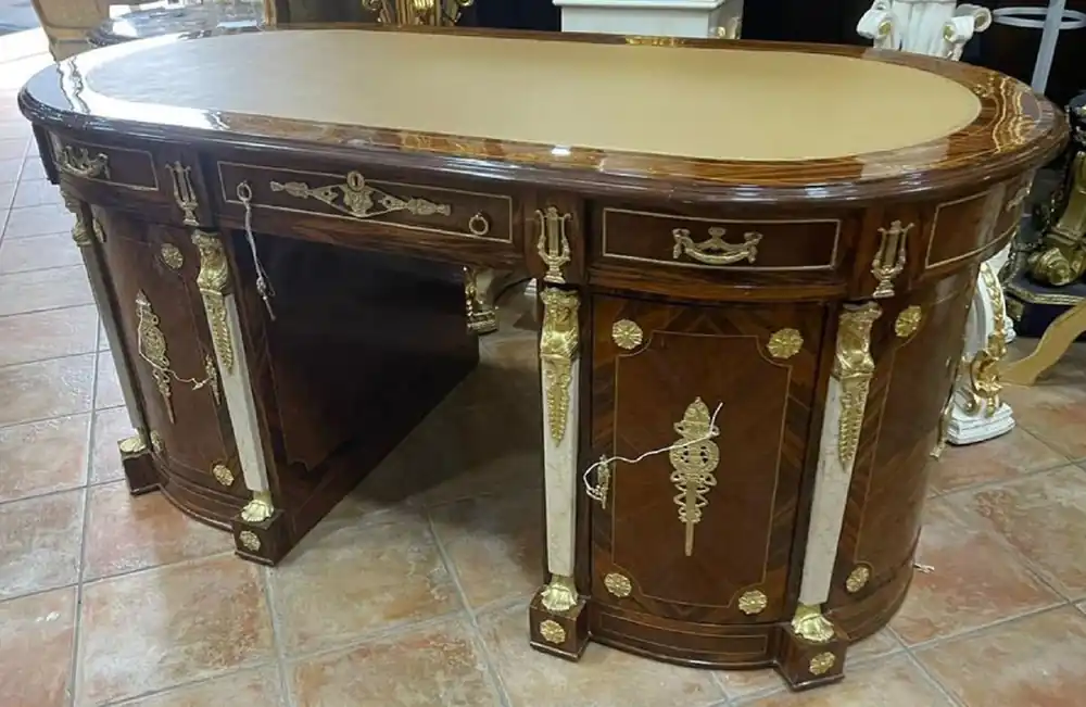 Saisonangebot Casa Padrino bureau baroque en bois massif marron marqueterie / or / blanc / crème - Magnifique table de bureau ovale de style baroque - Mobilier de bureau baroque fait main