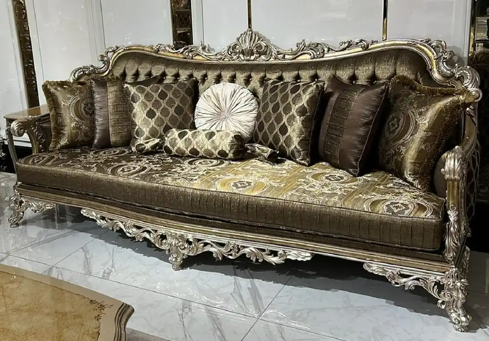 Casa Padrino canapé baroque de luxe or / argent - Magnifique canapé de salon avec coussins décoratifs - Mobilier de salon baroque - Noble & Magnifique Neue Ware