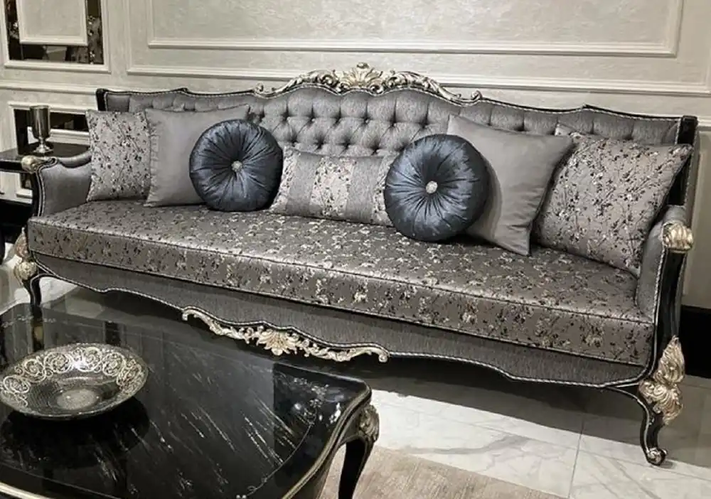 Zertifiziert Casa Padrino canapé baroque de luxe argent / noir / argent - Canapé de salon fait main avec motif élégant et oreillers décoratifs - Mobilier de salon de style baroque
