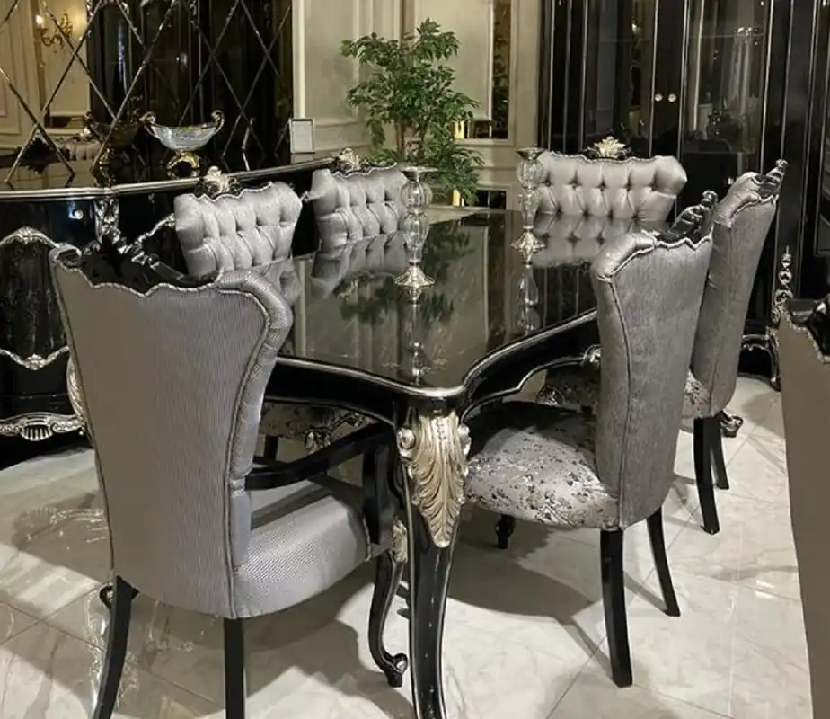 Solange Der Vorrat Reicht Casa Padrino ensemble de salle à manger baroque de luxe argent / noir / argent - 1 Table à Manger et 6 Chaises de Salle à Manger - Mobilier de salle à manger baroque - Noble & Magnifique