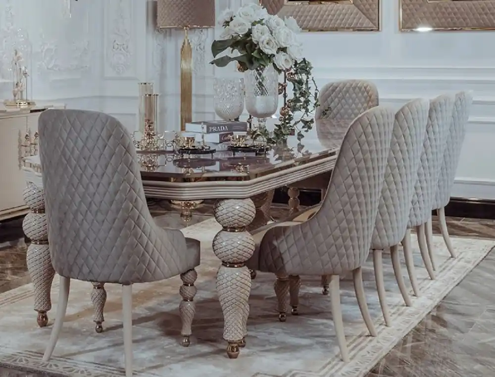 Markenprodukt Casa Padrino ensemble de salle à manger Art Déco de luxe gris / blanc / or - 1 Table à Manger Art Déco & 8 Chaises de Salle à Manger Art Déco - Mobilier de Salle à Manger