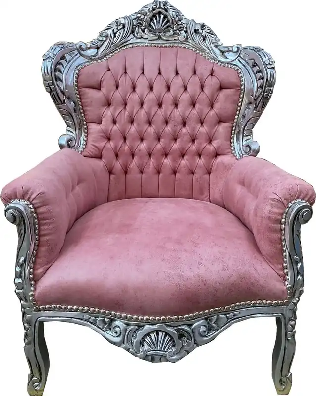 Casa Padrino fauteuil baroque rose / argent - Fauteuil de salon en bois massif fait main avec cuir artificiel - Fauteuil de salon de style ancien - Mobilier de salon baroque Direkt Vom Hersteller