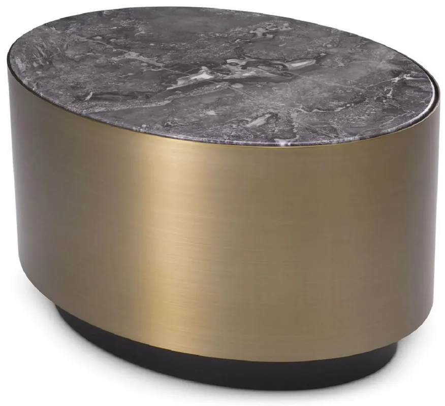 Casa Padrino table d'appoint de luxe gris / laiton / noir 65 x 48 x H. 38,5 cm - Table ovale en acier inoxydable avec plateau en marbre - Mobilier de salon de luxe - Qualité de luxe Sofort Bestellen