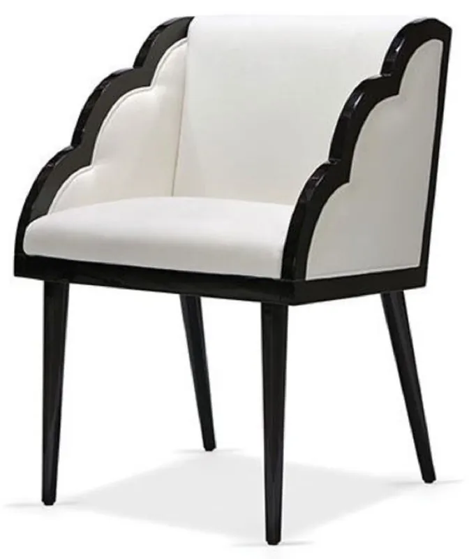 Casa Padrino chaise de salle à manger Art Déco de luxe avec accoudoirs blanc / noir 61 x 67 x H. 89 cm - Chaise de cuisine noble avec tissu velours - Mobilier de Salle à Manger Art Déco de Luxe Sonderaktion