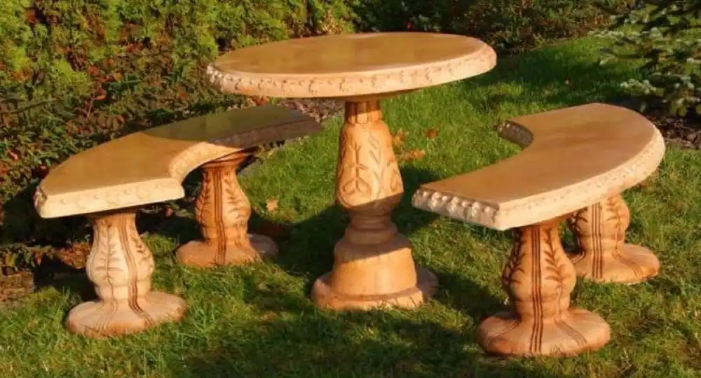 Begrenztes Angebot Casa Padrino Ensemble de Jardin en Pierre Beige - 1 Table de Jardin Ronde & 2 Bancs de Jardin Courbes - Mobilier de Jardin et de Terrasse Oriental
