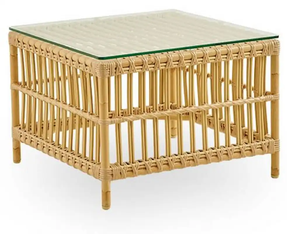 Wochenendangebot Casa Padrino table de jardin de luxe naturel 60 x 60 x H. 43 cm - Table d'appoint de jardin et de terrasse résistante aux intempéries avec plateau en verre - Mobilier de jardin et de terrasse