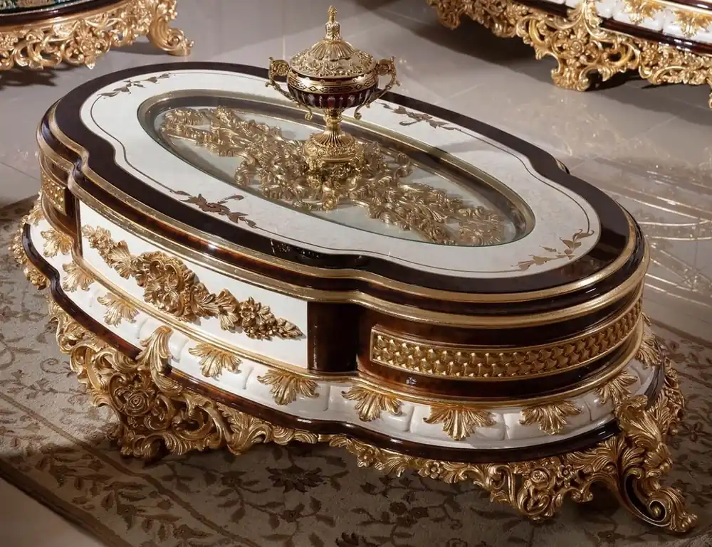 Casa Padrino table basse baroque de luxe blanc / marron / or - Magnifique table de salon en bois massif avec plateau en verre - Meubles de salon baroques - Noble & Magnifique Must-Have