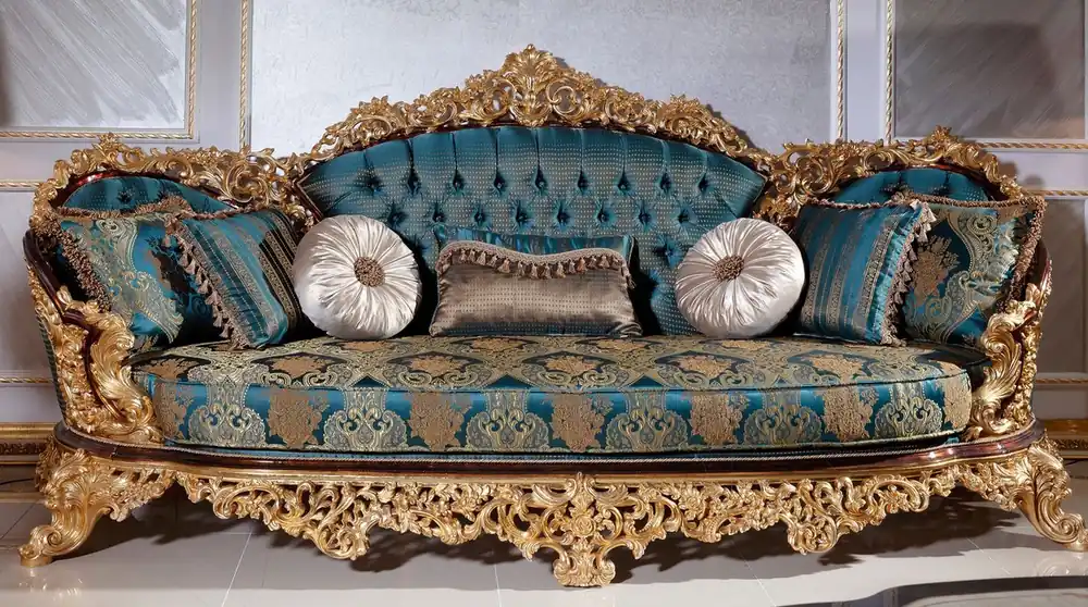 Casa Padrino canapé baroque de luxe bleu / beige / marron / or - Magnifique canapé de salon avec motif élégant - Meuble de salon baroque - Noble & Magnifique Mega-Angebot