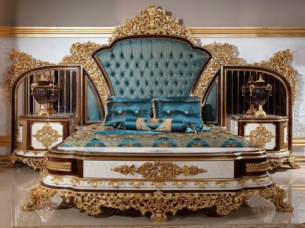 Casa Padrino ensemble de chambre baroque de luxe bleu / blanc / marron / or - 1 Lit Double avec Tête de Lit et 2 Tables de Chevet - Mobilier de chambre style baroque - Noble et Magnifique Schnäppchen
