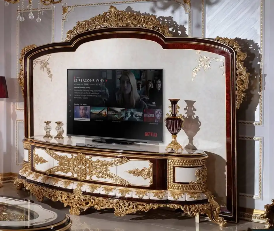Casa Padrino armoire TV baroque de luxe blanc / marron / or - Magnifique buffet de salon avec mur de fond - Meuble de salon baroque - Noble & Magnifique Neu Im Sortiment