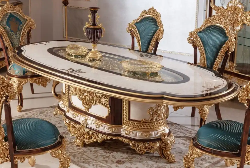Nur Heute Casa Padrino table de salle à manger baroque de luxe blanc / marron / or - Magnifique table de salle à manger en bois massif baroque - Meubles de salle à manger baroques - Noble et Magnifique