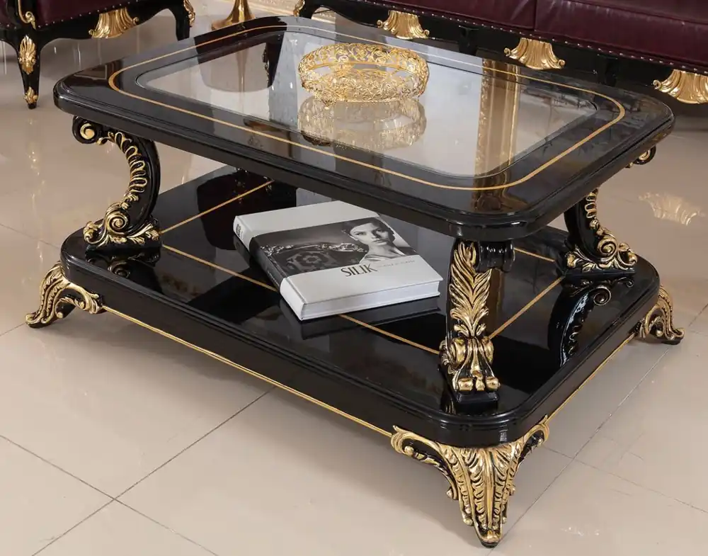 Casa Padrino table basse baroque de luxe avec plateau en verre noir / or - Magnifique table de salon en bois massif de style baroque - Meuble de salon baroque - Noble & Magnifique Meistverkauft