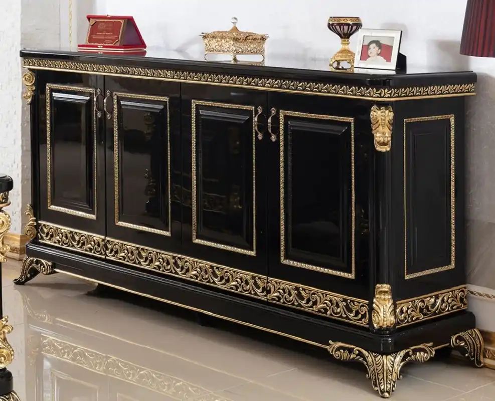 Preisreduziert Casa Padrino buffet baroque de luxe noir / or - Magnifique armoire en bois massif avec 4 portes - Meuble Baroque - Noble & Magnifique