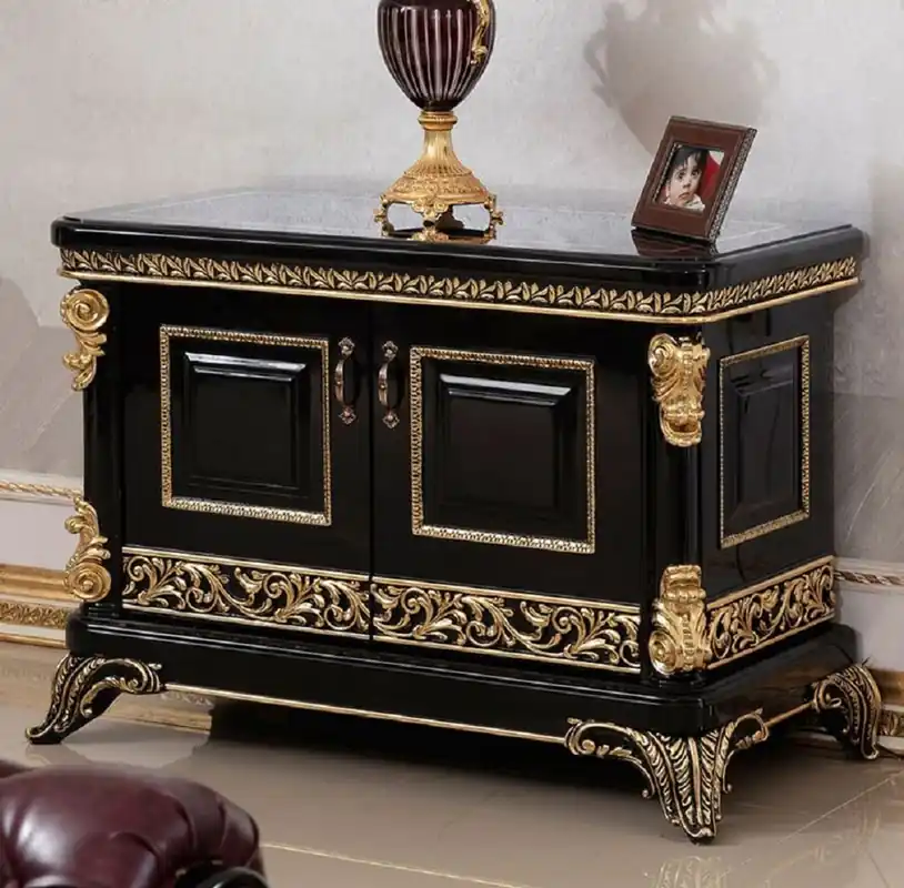 Super-Preis Casa Padrino armoire TV noir / or - Magnifique buffet en bois massif avec 2 portes - Meuble Baroque - Noble & Magnifique