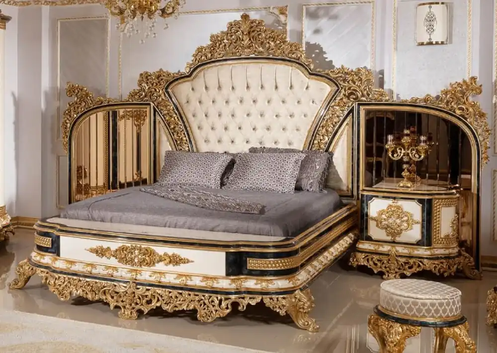 Casa Padrino lit double baroque de luxe or / blanc / bleu / or - Magnifique lit en bois massif avec tête de lit miroir - Meuble de chambre de style baroque - Noble & Magnifique Bestpreis
