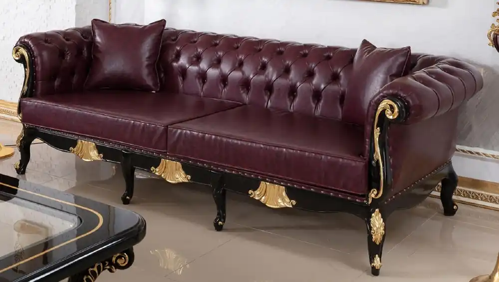 Billig Casa Padrino canapé baroque Chesterfield de luxe bordeaux rouge / noir / or - Magnifique canapé de salon avec cuir artificiel fin - Mobilier de Salon Baroque Chesterfield